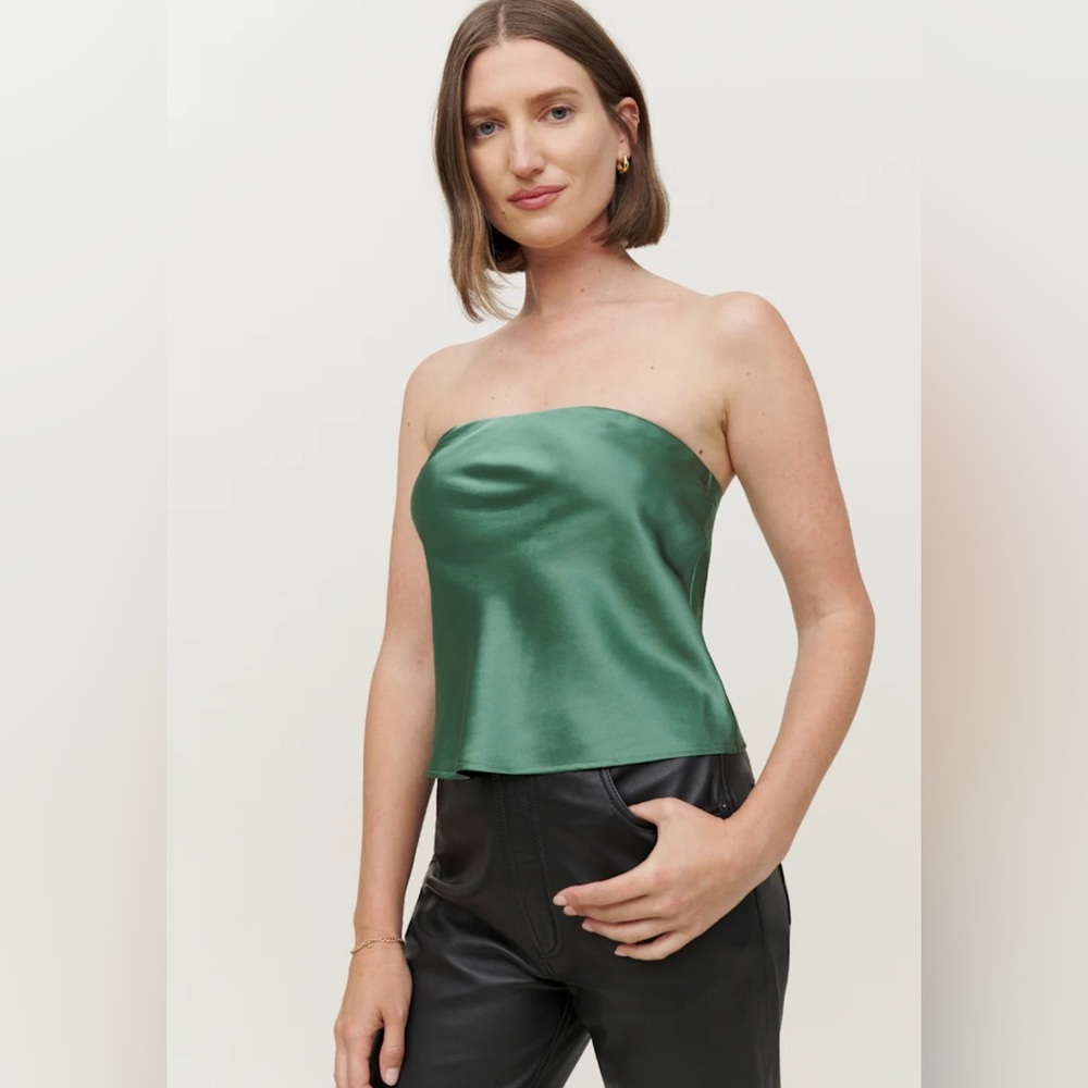 Reformation Spritz Silk Top Bottle Green - Size L
